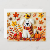 Voelde hond met herfstbladeren en een vogel briefkaart (Voorkant / Achterkant)