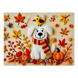 Voelde hond met herfstbladeren en een vogel perfect poster