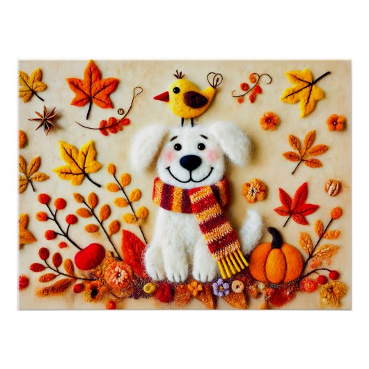 Voelde hond met herfstbladeren en een vogel perfect poster (Voorkant)