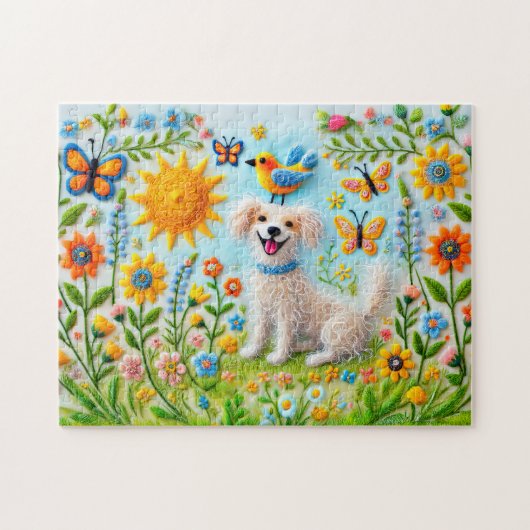 Voelde hond met vlinders in de tuin legpuzzel (Horizontaal)