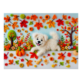 Voelde hond spelen in een herfsttuin perfect poster
