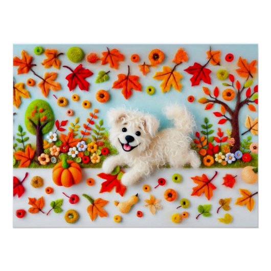 Voelde hond spelen in een herfsttuin perfect poster (Voorkant)