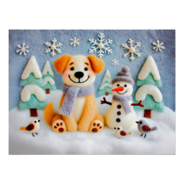 Voelde hond spelen in sneeuw met sneeuwman en voge perfect poster