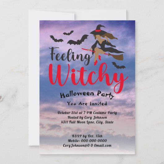 Voeling van Witchy Red, Bats Witch Sky Halloween P Kaart (Voorkant)