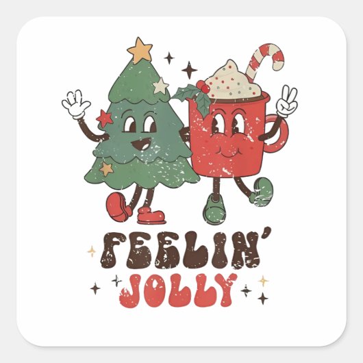 Voelt Jolly Kerstmis Heet Cacao Groovy Kerstmis Vierkante Sticker (Voorkant)