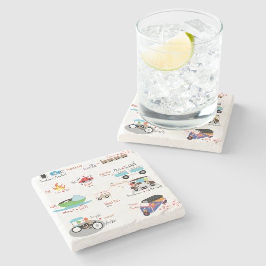 voertuigen cartoons met Thaise en Engelse tekst Stenen Onderzetter (Zijkant)