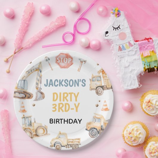 Voertuigen Gele Bouw Vuile 3rdy Verjaardag Papieren Bordje (Feest)