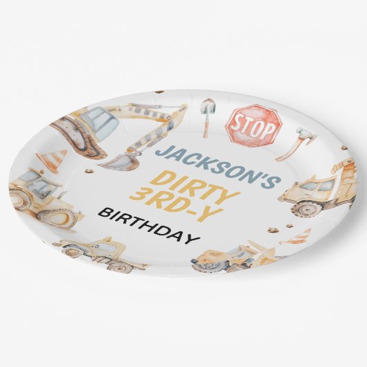 Voertuigen Gele Bouw Vuile 3rdy Verjaardag Papieren Bordje (Gekanteld)