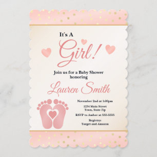 Voetafdruk Baby shower Invitation Girl, Baby Toes Kaart
