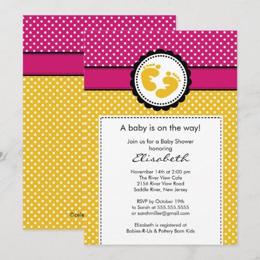 Voetafdruk Baby shower Uitnodiging Gele poka Dots (Voorkant / Achterkant)