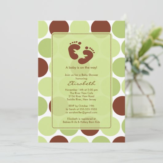 Voetafdruk Baby shower Uitnodiging Groene Polka Do (Staand voorkant)