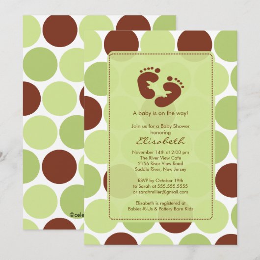 Voetafdruk Baby shower Uitnodiging Groene Polka Do (Voorkant / Achterkant)