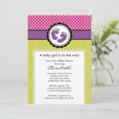 Voetafdruk Baby shower Uitnodiging Paarse poka Dot (Staand voorkant)