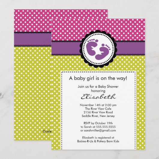 Voetafdruk Baby shower Uitnodiging Paarse poka Dot (Voorkant / Achterkant)