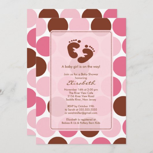 Voetafdruk Baby shower Uitnodiging Roze pokadots (Voorkant / Achterkant)