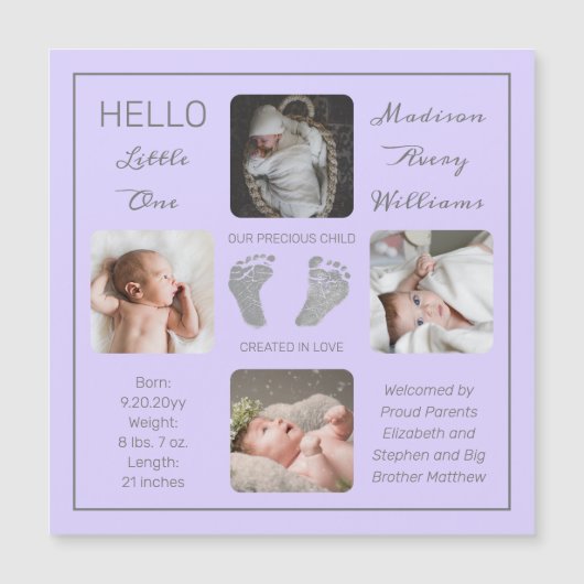 Voetafdruk Magnetic Photo Birth Notice (Voorkant)