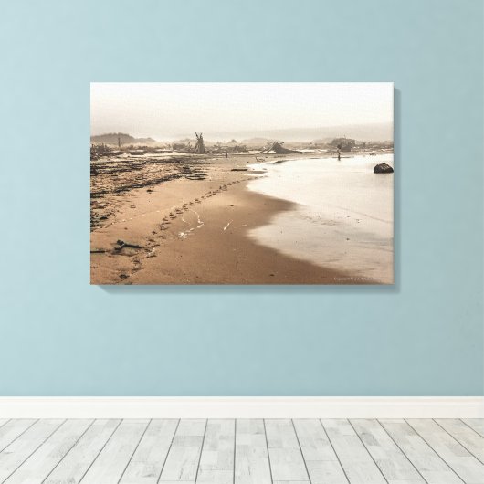 Voetafdrukken op een foto van een Foggy Beach Canv Canvas Afdruk (Insitu (Houten vloer))