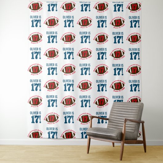 Voetbal 17e Verjaardag Jongens | Step Repeat Achte Wandkleed (In situ)