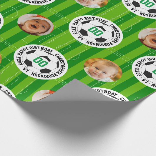 Voetbal 2 Foto Verjaardag Cadeaupapier (Hoek)