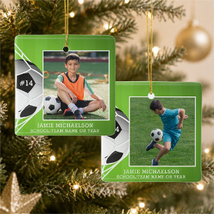 Voetbal 2 Foto's Naam Nummer Team Gepersonaliseerd Keramisch Ornament