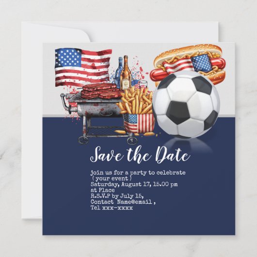 Voetbal 4th Juli Onafhankelijkheidsdag Amerika Save The Date (Voorkant)