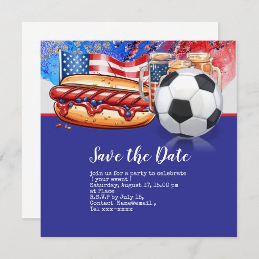 Voetbal 4th Juli Onafhankelijkheidsdag Amerika Save The Date (Voorkant / Achterkant)