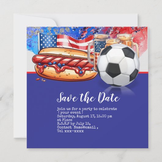 Voetbal 4th Juli Onafhankelijkheidsdag Amerika Save The Date (Voorkant)