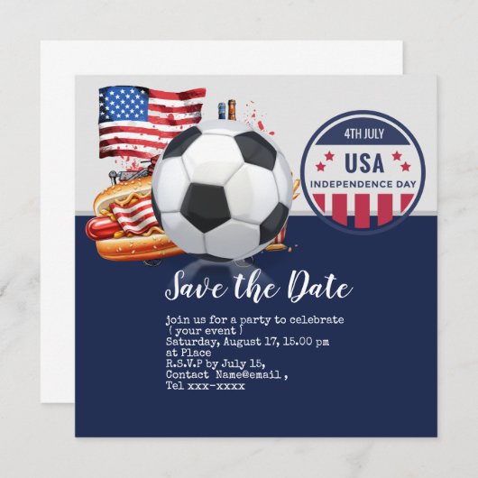 Voetbal 4th Juli Onafhankelijkheidsdag Amerika Save The Date (Voorkant / Achterkant)