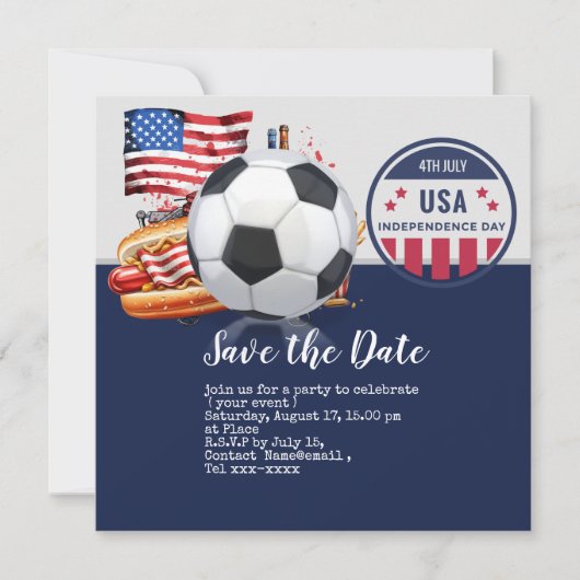 Voetbal 4th Juli Onafhankelijkheidsdag Amerika Save The Date (Voorkant)