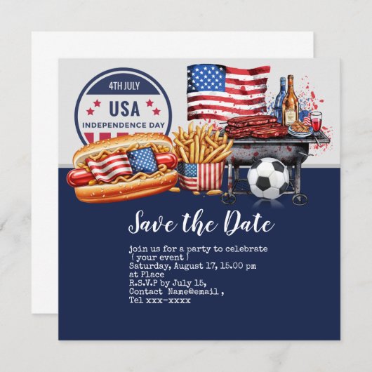 Voetbal 4th Juli Onafhankelijkheidsdag Amerika Save The Date (Voorkant / Achterkant)