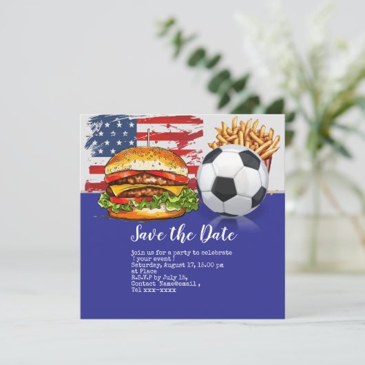 Voetbal 4th Juli Onafhankelijkheidsdag Amerika Save The Date (Staand voorkant)