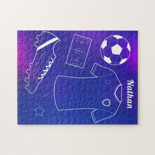 Voetbal & Aangepaste naam Blauwe Verloop Sport Legpuzzel (Horizontaal)