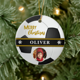 Voetbal Aangepaste Naam Vrolijk Kerstfoto Keramisch Ornament