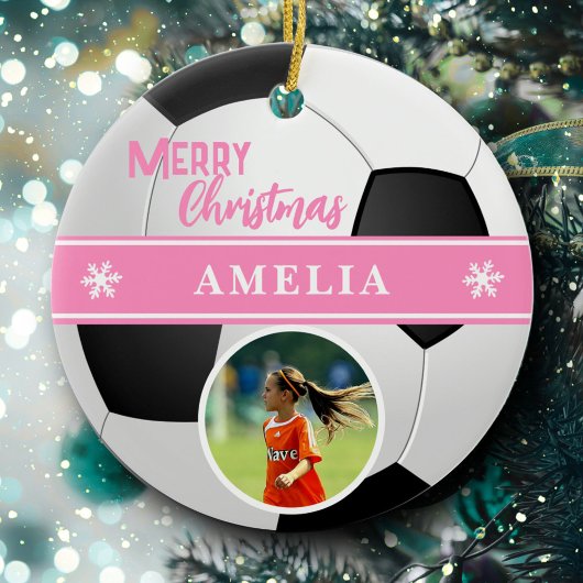Voetbal Aangepaste Naam Vrolijk Kerstfoto Keramisch Ornament