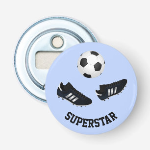 Voetbal aangepaste tekst blauw button flesopener