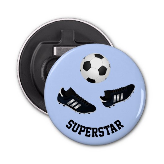 Voetbal aangepaste tekst blauw button flesopener (Voorkant)