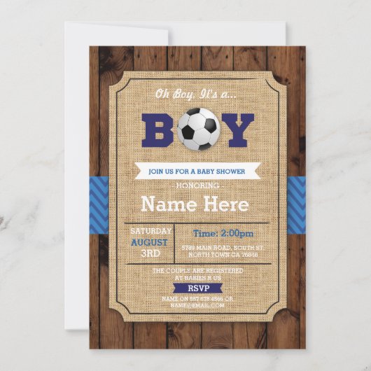 Voetbal Baby shower Boy Blue Wood Football Uitnodi Kaart (Voorkant)