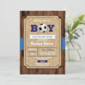 Voetbal Baby shower Boy Blue Wood Football Uitnodi Kaart (Staand voorkant)