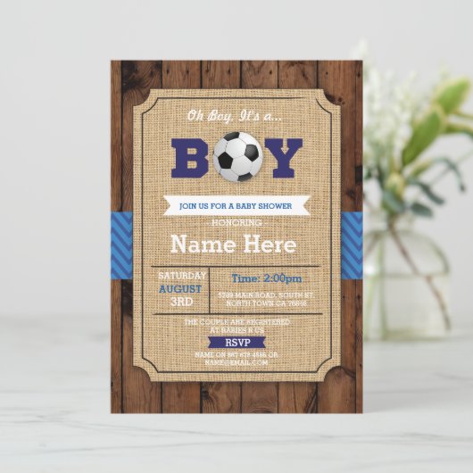 Voetbal Baby shower Boy Blue Wood Football Uitnodi Kaart (Staand voorkant)