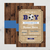 Voetbal Baby shower Boy Blue Wood Football Uitnodi Kaart (Voorkant / Achterkant)