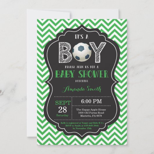 Voetbal Baby shower Uitnodiging Green Chevron (Voorkant)