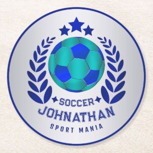 Voetbal Bal Crest   Fel Blauw Sport Fan Geschenken Ronde Kartonnen Onderzetter