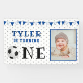 Voetbal Bal Eén 1e Verjaardag Foto Verjaardagsfees Spandoek (Horizontaal)