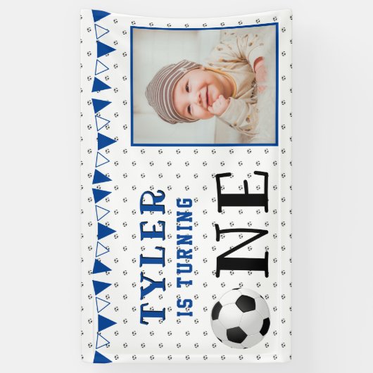Voetbal Bal Eén 1e Verjaardag Foto Verjaardagsfees Spandoek (Verticaal)