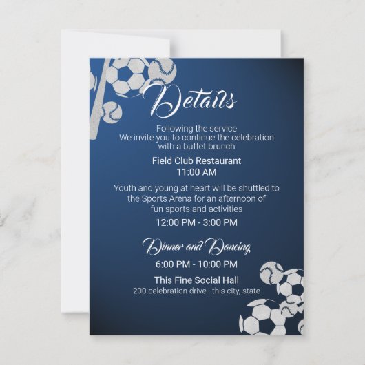 Voetbal Baseball Sport Bar Mitswa Details en info Kaart (Voorkant)