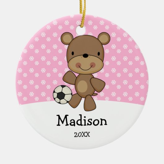 voetbal Beer Roze Kinder kerstmis op maat Keramisch Ornament (Voorkant)
