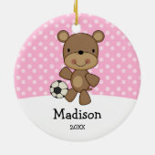 voetbal Beer Roze Kinder kerstmis op maat Keramisch Ornament (Achterkant)