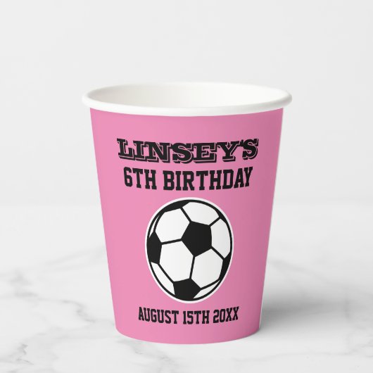Voetbal Birthday party roze Papieren Bekers (Achterkant)