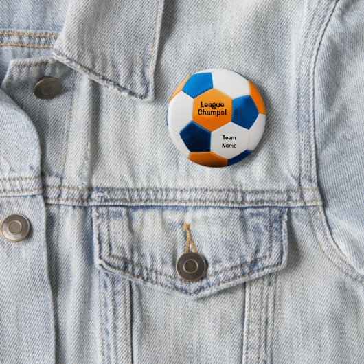 Voetbal, blauw en Sinaasappel, teamnaam; Ronde Button 5,7 Cm (In situ)