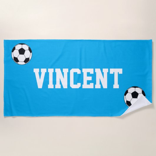 Voetbal Blauwe Kinderen Aangepaste Naam Strandlaken (Voorkant)